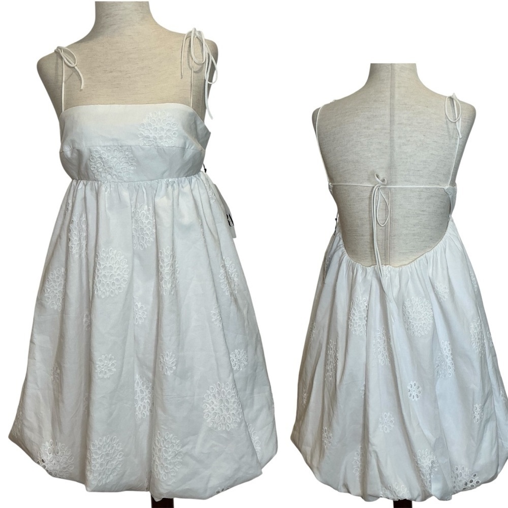 Zara Mini Dress Bubble Hem and Eyelet Detail in White Size Xsmall